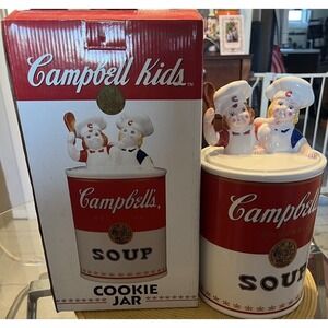 Campbell Kids Ceramic Cookie Jar Campbell's Soup Can w/ Chefs Lid 1998 w/ Box